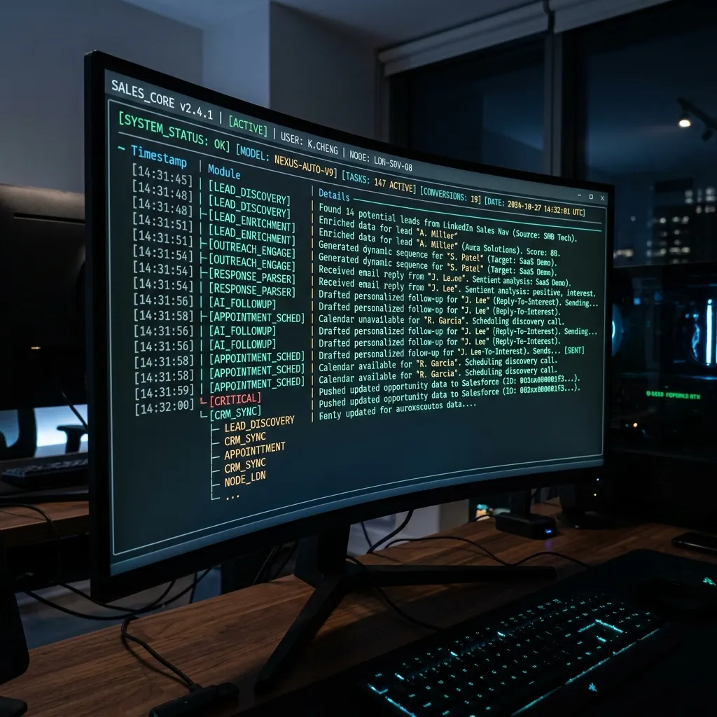 Dark software terminal executing AI sales automation and CRM data governance logs