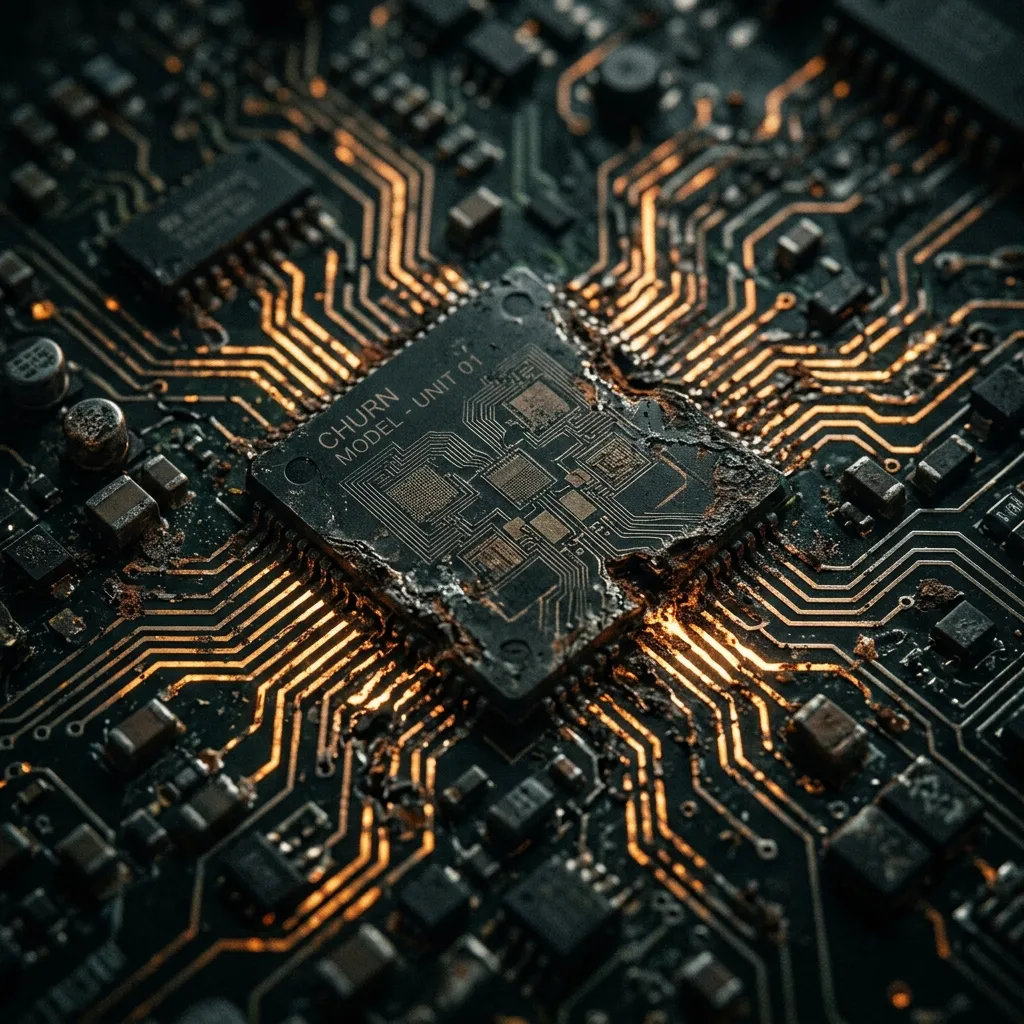 Cinematic circuit board visualization representing churn erosion in the revenue engine