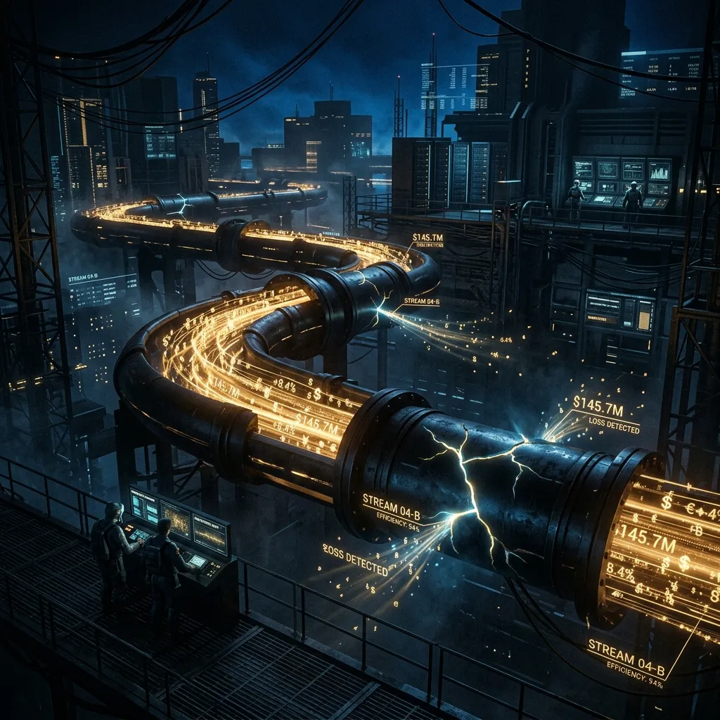 Dark cinematic visualization of revenue leakage points in a SaaS pipeline