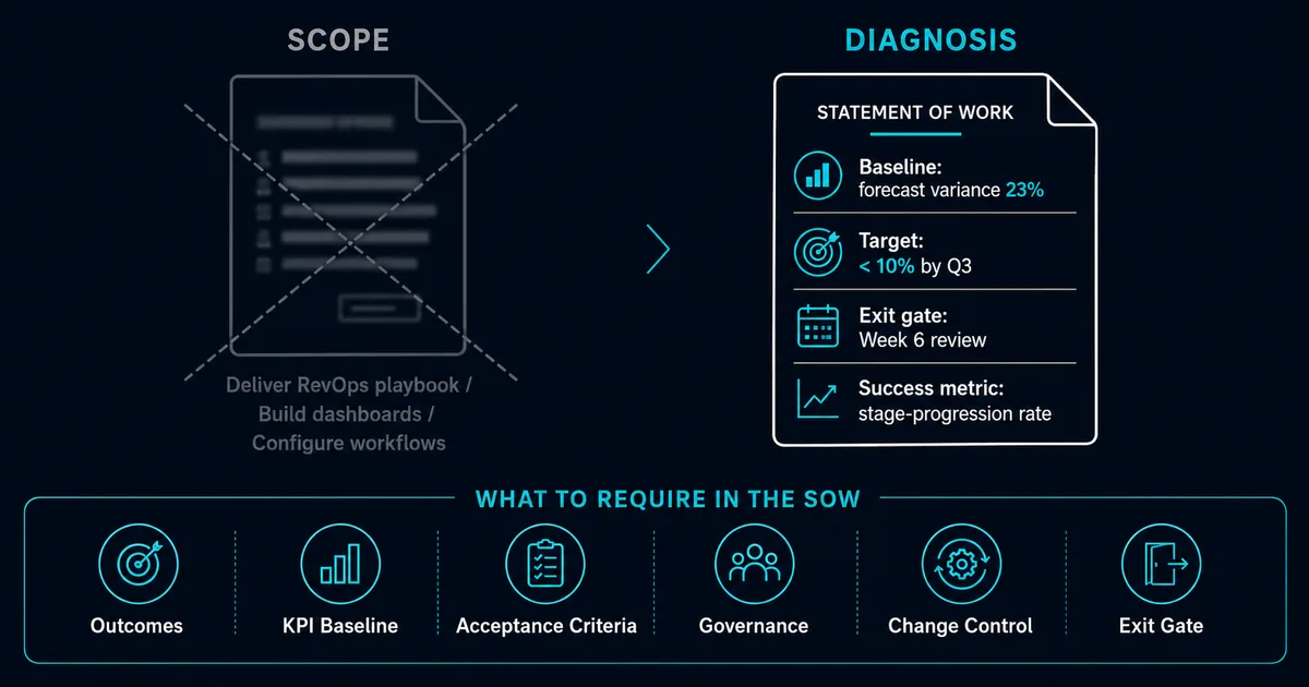 Revenue operations consulting scope framework showing SOW elements and walk-away signals